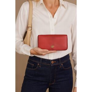 TORY BURCH Orange Leather Zip Up Purse Wallet